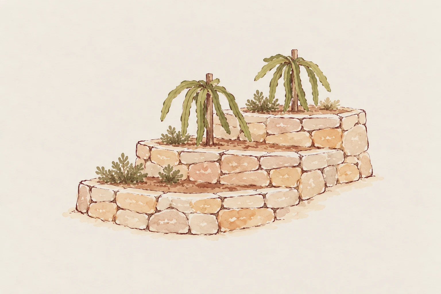 Watercolour drawing of a dry stone wall built in three steps, with dragon fruit growing from the top