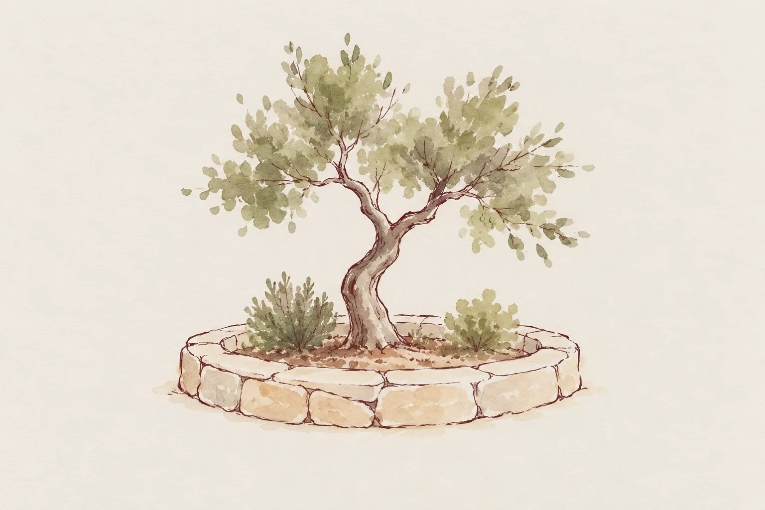 Watercolour drawing of an olive tree inside a low ring of dry stone, with bushes in the mulch